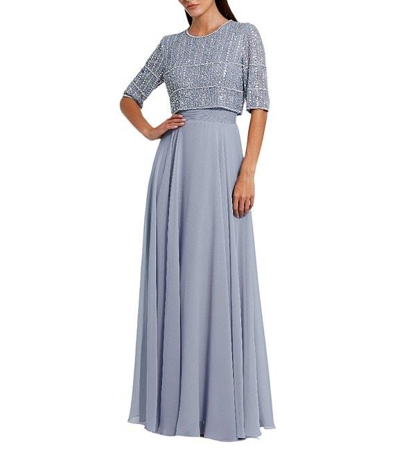 Mac Duggal Crew Neck Half Sleeve Beaded Bodice A-Line Gown Product Image