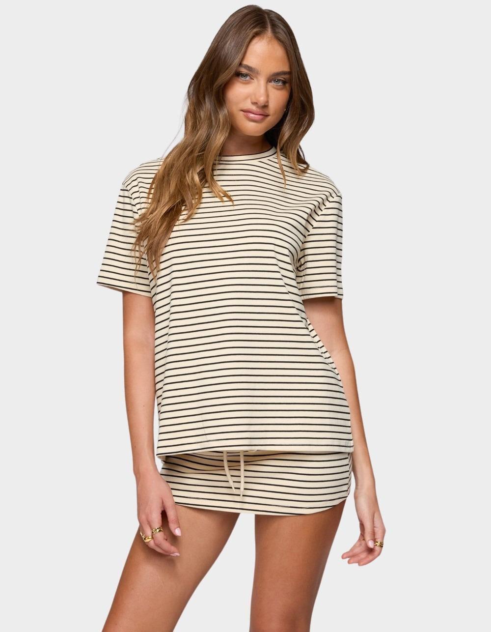 EDIKTED Brena Striped Oversized Tee - BEIGE Product Image