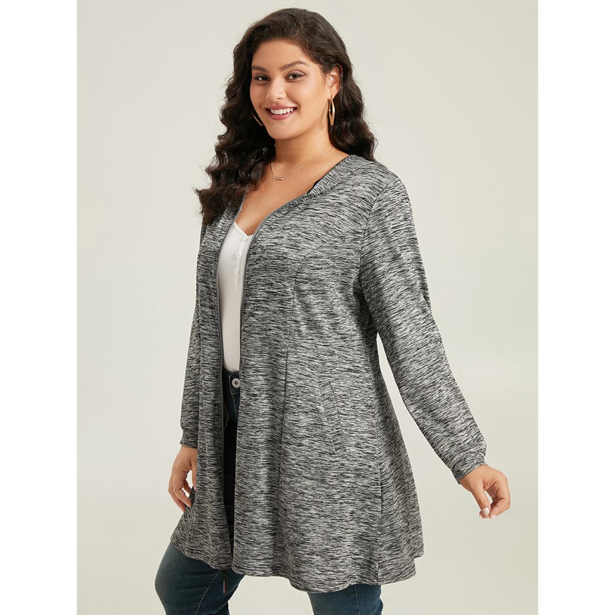 Plus Size Plain Heather Zipper Pocket Hooded Jacket Women DimGray Plain Pocket Dailywear Jackets BloomChic 10/M Product Image