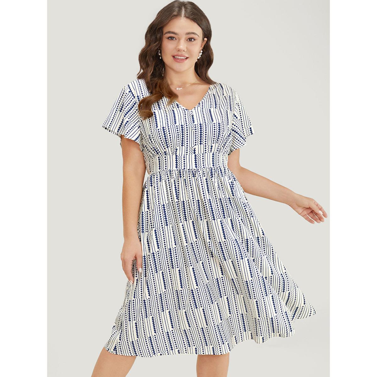 Plus Size Geometric Print Button Detail Pocket Ruffle Sleeve Dress Blue Women Elegant Elastic Waist V-neck Short sleeve Curvy Midi Dress BloomChic 10/M Product Image
