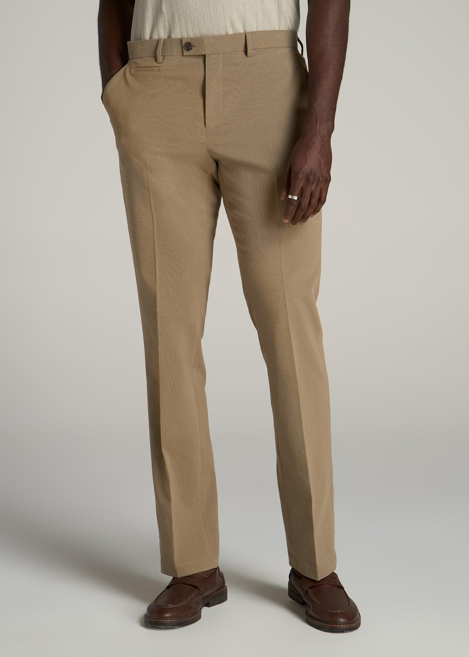 Textured Garment Washed Stretch Cotton Suit Pants for Tall Men in Desert Khaki Male Product Image