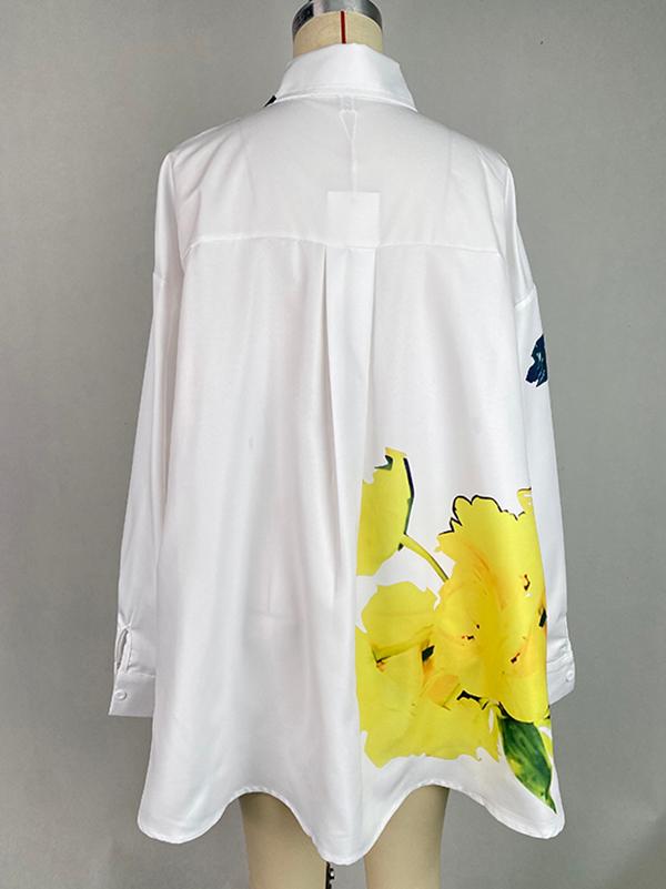 High-Low Long Sleeves Buttoned Flower Print Pockets Split-Side Stand Collar Blouses&Shirts Tops Product Image