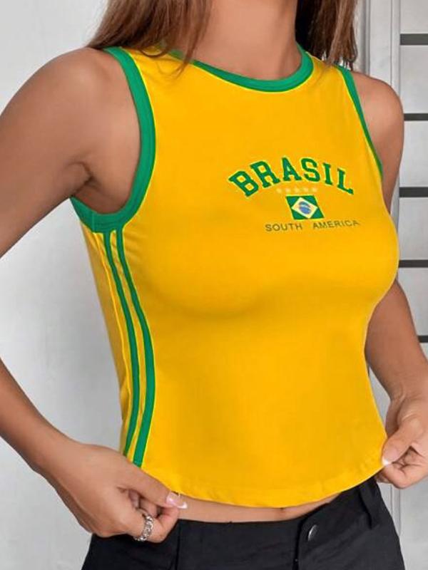 Crewneck Letter Print Yellow Tank Top Product Image