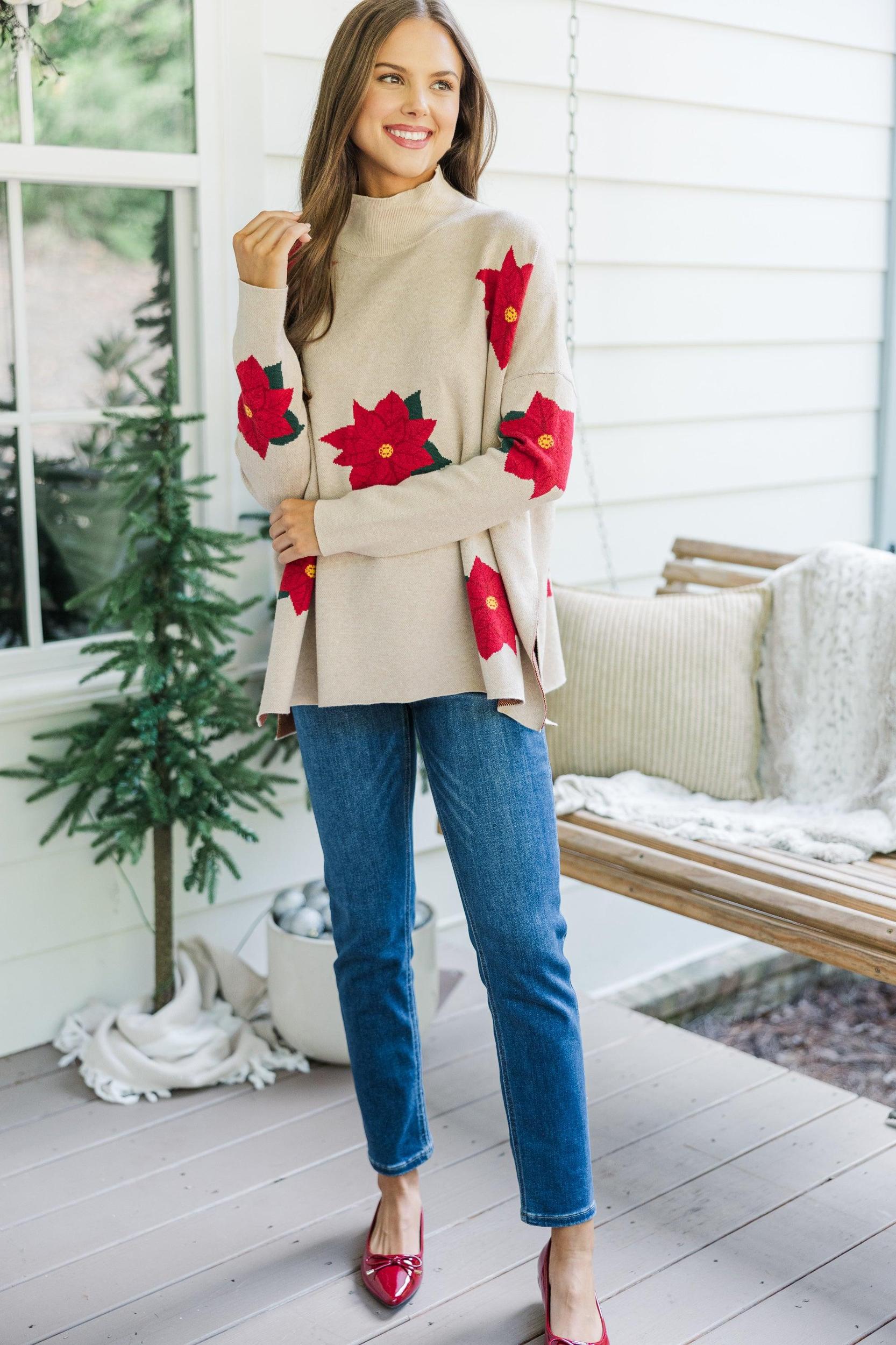 Quick Decisions Oatmeal Poinsettia Sweater Female Product Image