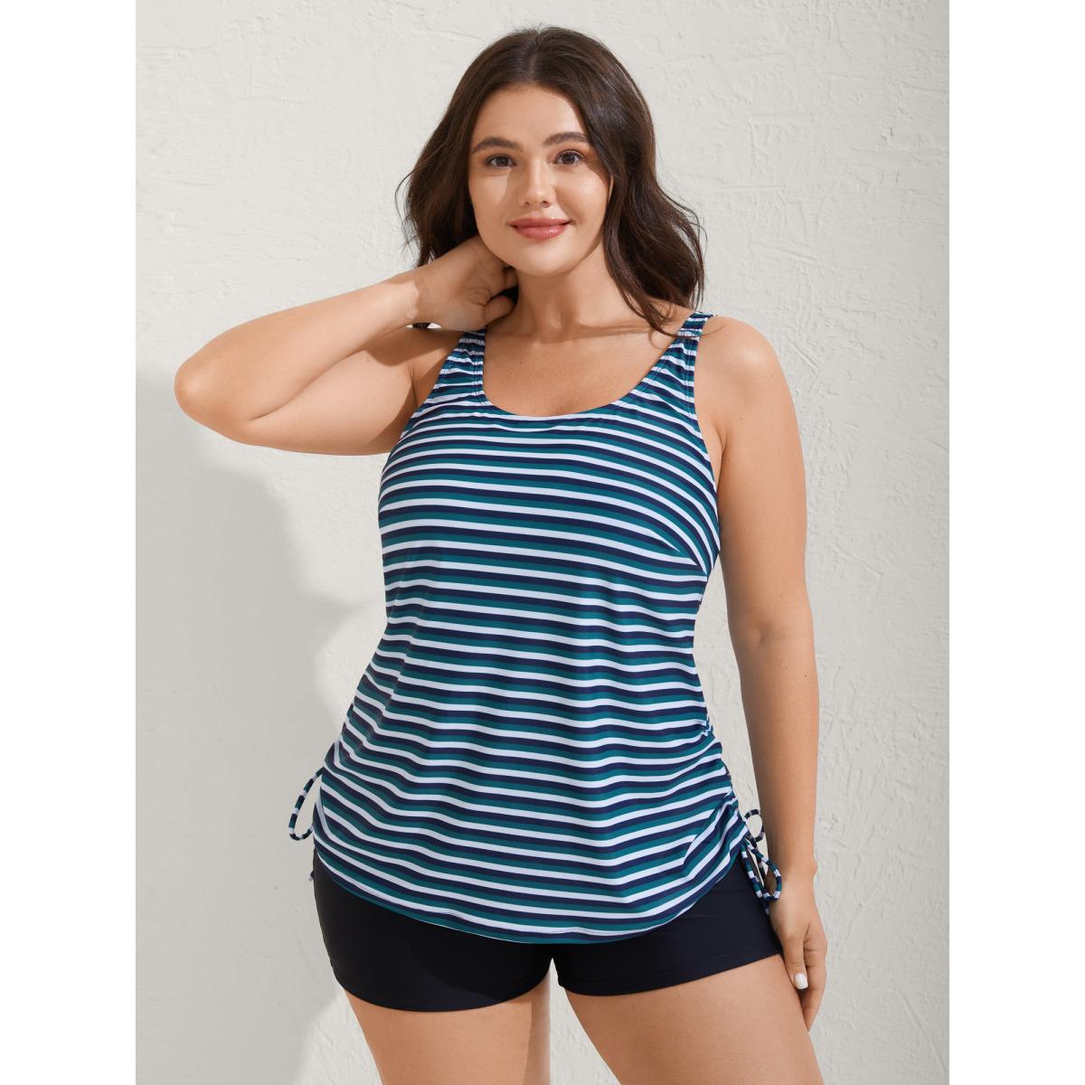Plus Size Striped Non-Removable Cups Swim Top Women's Swimwear DarkSlateGray Resort Drawstring High stretch Bodycon U-neck Curve Swim Tops BloomChic 18-20/2X Product Image