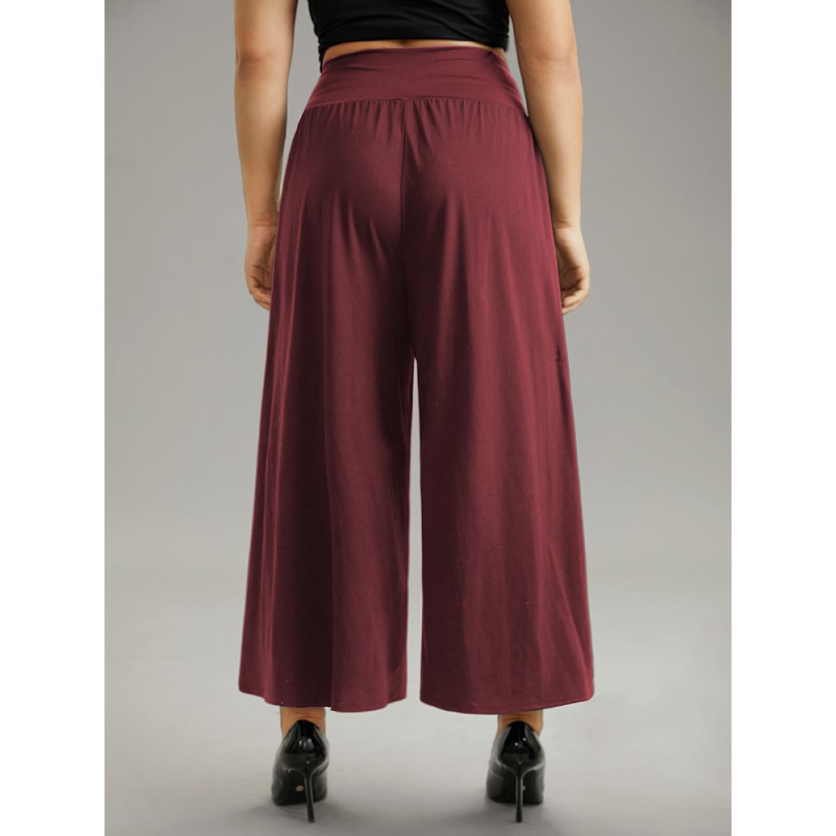 Plus Size Plain Wrap Hem Wideband Waist Wide Leg Pants Women Burgundy Casual Wide Leg High Rise Dailywear Pants BloomChic 14-16/1X Product Image