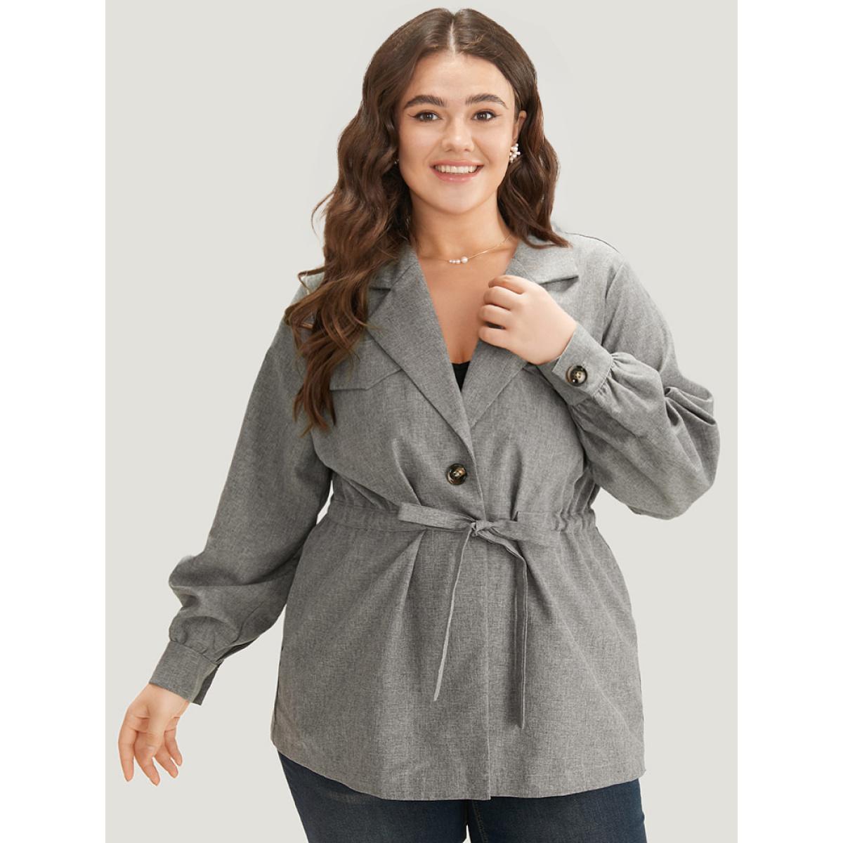Plus Size Plain Pocket Drawstring Button Up Suit Collar Coat Women DimGray Casual Plain Ladies Dailywear Winter Coats BloomChic 26/4X Product Image