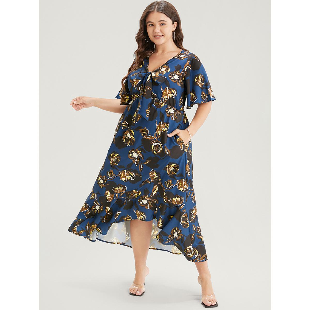 Plus Size Floral Knot Front Ruffle Sleeve Pocket Asymmetrical Hem Dress DarkBlue Women Elegant Knotted V-neck Short sleeve Curvy Midi Dress BloomChic 22-24/3X Product Image