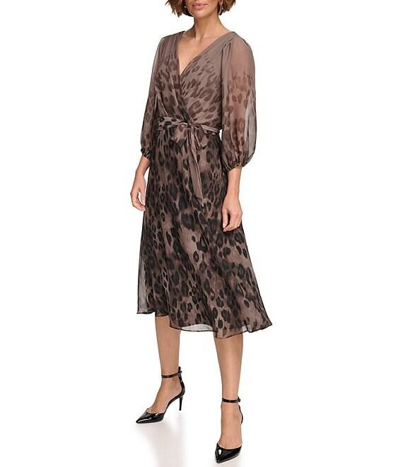 DKNY by Donna Karan Petite Size Leopard Print V-Neckline 3/4 Sleeve Faux Wrap Midi Dress Product Image