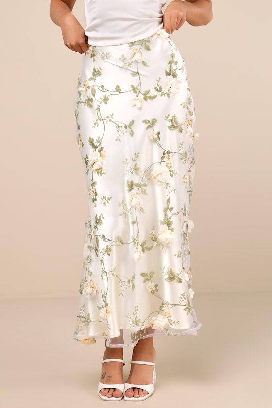Aurelia Ivory 3D Floral Satin Maxi Skirt Product Image