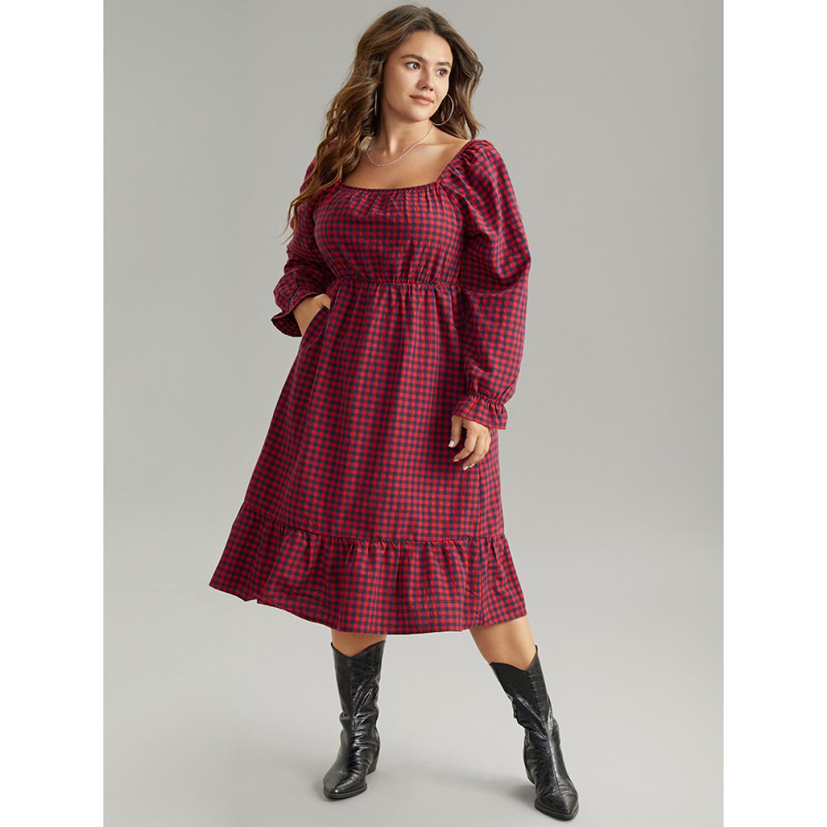 Plus Size Gingham Square Neck Shirred Gathered Ruffles Dress Scarlet Women Casual Gathered Square Neck Long Sleeve Curvy Midi Dress BloomChic 22-24/3X Product Image