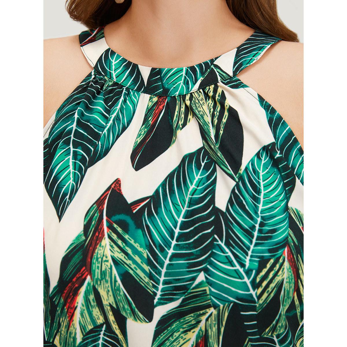 Plus Size Tropical Print Pocket Keyhole Knotted Halter Dress Green Women Vacation Keyhole Halter neck Sleeveless Curvy Knee Dress BloomChic 12/L Product Image