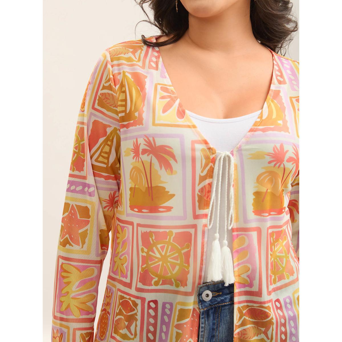 Plus Size Island Ready Print Mesh Tassels Kimono Women Multicolor Tie knot Vacation Kimonos BloomChic 28/5X Product Image