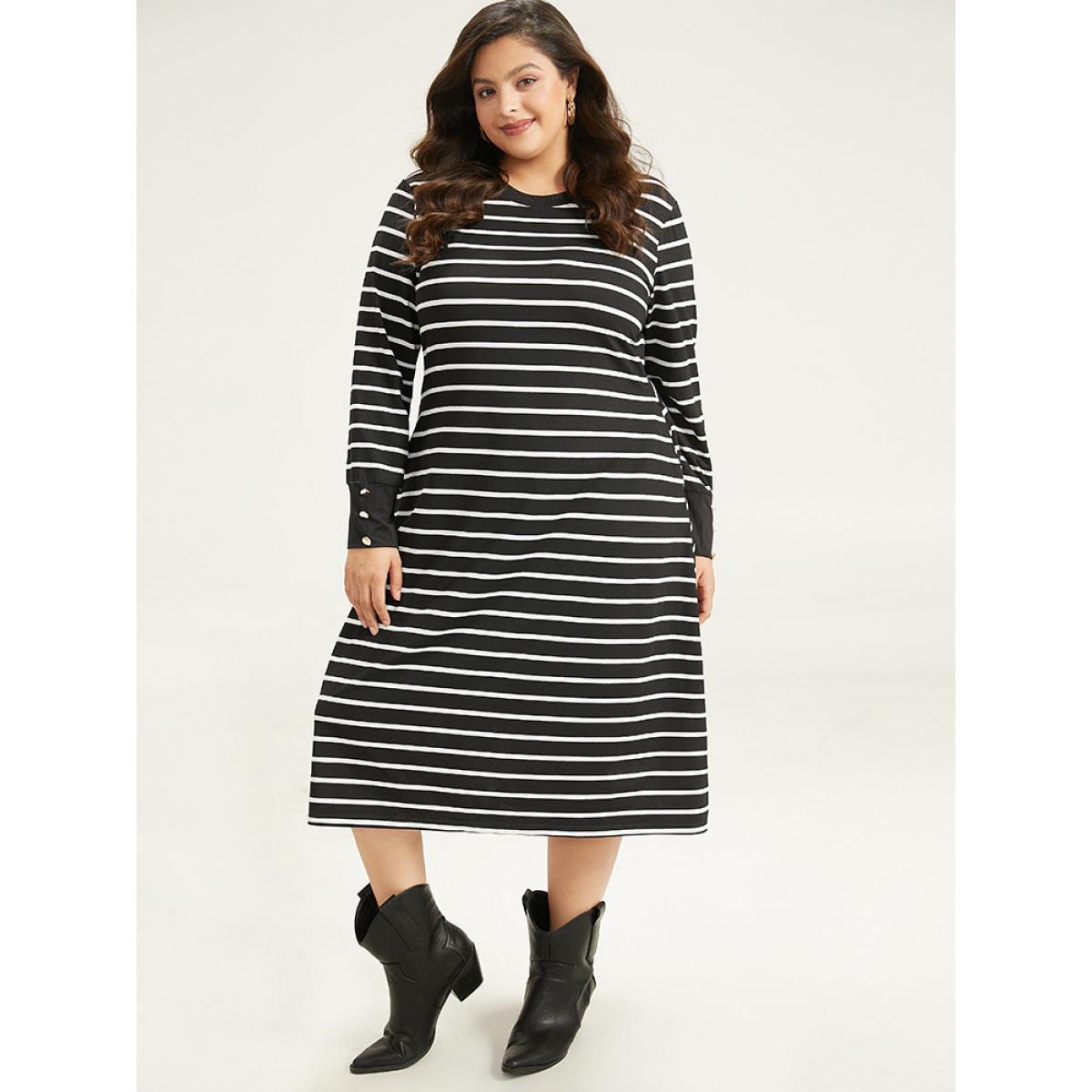Plus Size Rib Knit Striped Button Detail Patchwork Dress Black Women Casual Printed Round Neck Long Sleeve Curvy Midi Dress BloomChic 30/6X Product Image