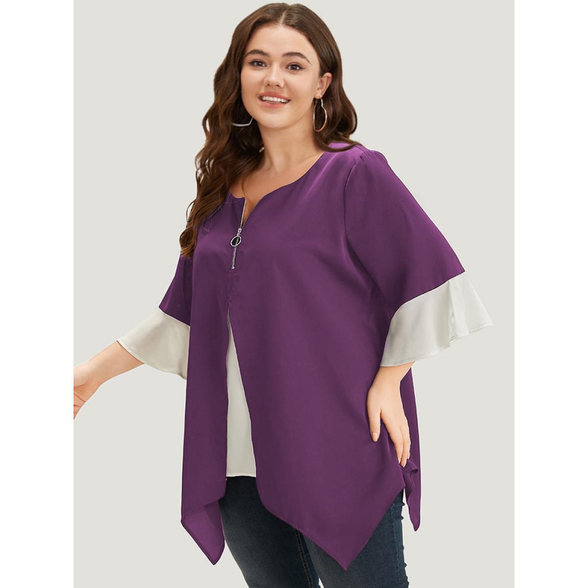 Plus Size DarkGreen Anti-Wrinkle Contrast Zip Up Flutter Sleeve Hanky Hem Blouse Women Office Half Sleeve Round Neck Office Blouses BloomChic 30/6X Product Image