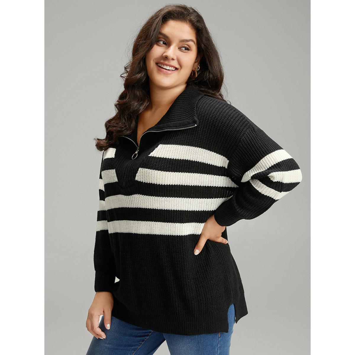 Plus Size Striped Zipper Lapel Collar Drop Shoulder Pullover Black Women Casual Loose Long Sleeve Lapel Collar Dailywear Pullovers BloomChic 14-16/1X Product Image