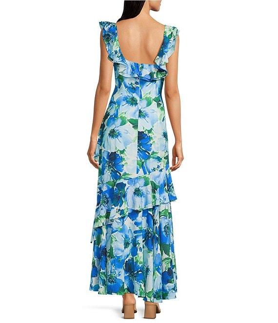 Alex Marie Petite Size Lacey Ruffle Sleeveless V-Neck Floral Asymmetric Hem A-Line Maxi Dress Product Image