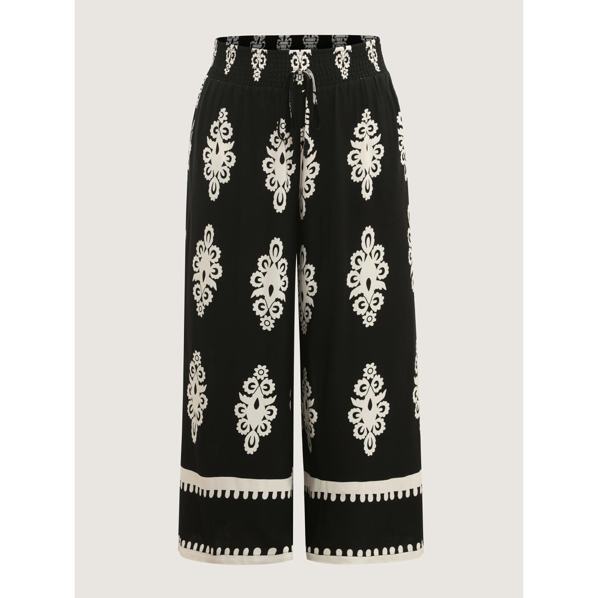 Plus Size Ornate Print Shirred Wide-Leg Pants Women Black Boho Wide Leg Mid Rise Vacation Pants BloomChic 28/5X Product Image