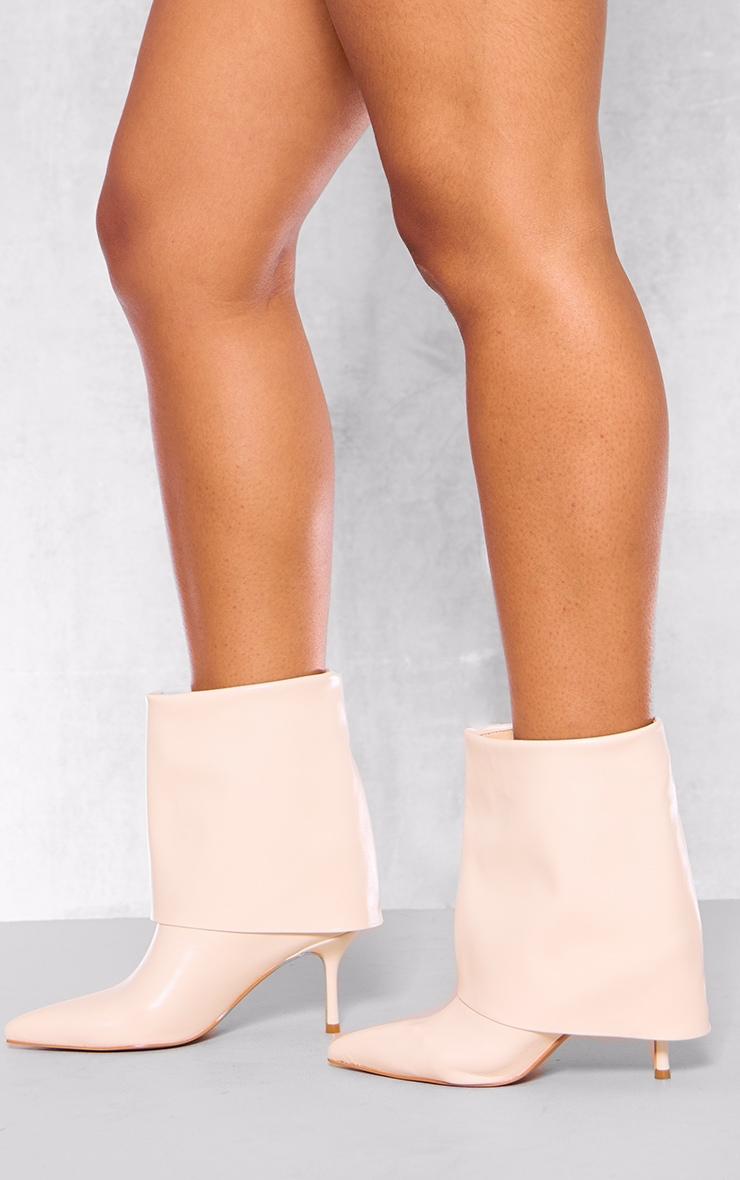 Cream PU Point Toe Fold Over Low Heeled Ankle Boots Product Image