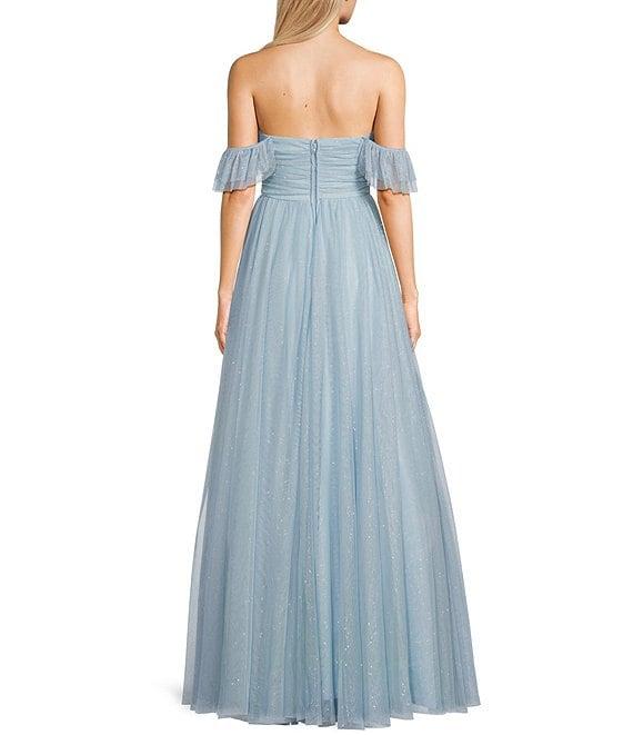 City Vibe Of-The-Shoulder Ruched Bodice Mesh Long Dress Product Image