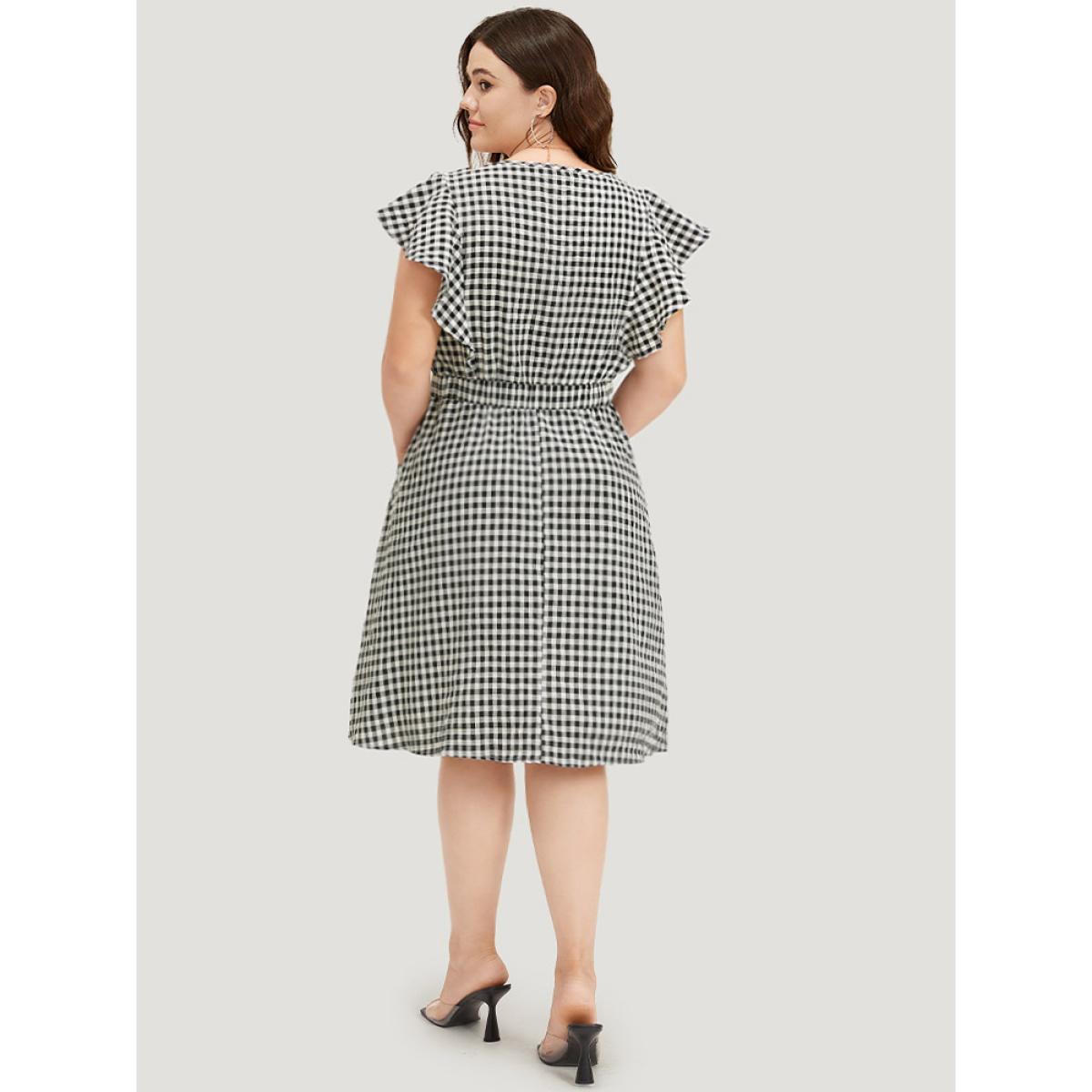 Plus Size Gingham Button Detail Pocket Ruffle Cap Sleeve Dress Black Women Elegant Button V-neck Cap Sleeve Curvy Knee Dress BloomChic 28/5X Product Image
