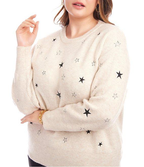 Karen Kane Plus Size Wool Blend Embroidered Star Crew Neck Long Sleeve Pullover Product Image