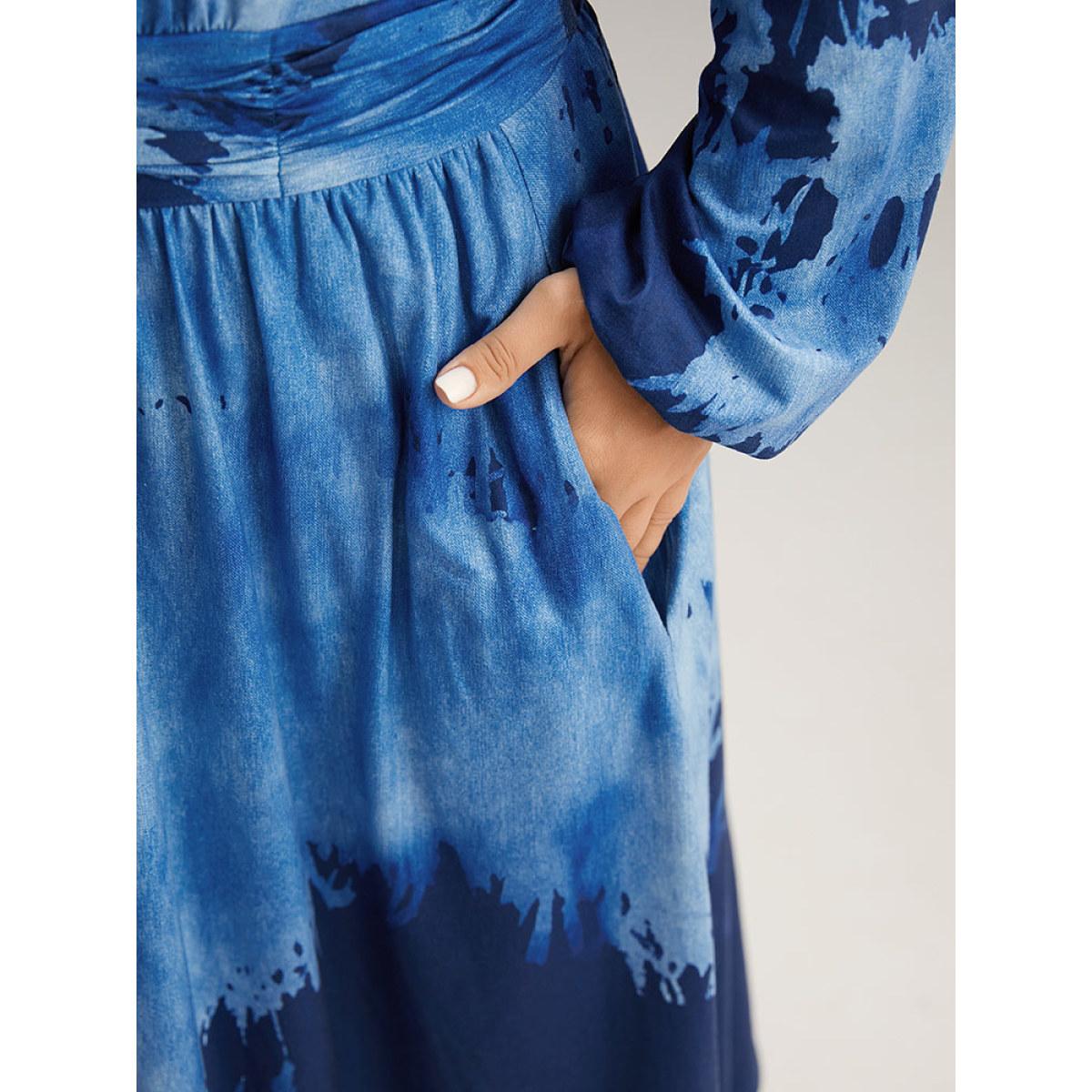 Plus Size Tie Dye Ruched Pocket Lantern Sleeve Dress Indigo Women Casual Elastic cuffs V-neck Long Sleeve Curvy Midi Dress BloomChic 28/5X Product Image