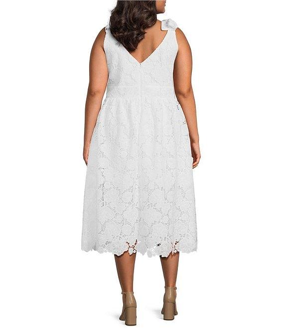 Layered With Love Plus Size Lace V-Neck Shoulder Tie Strap Scalloped Hem A-Line Midi Dress Product Image