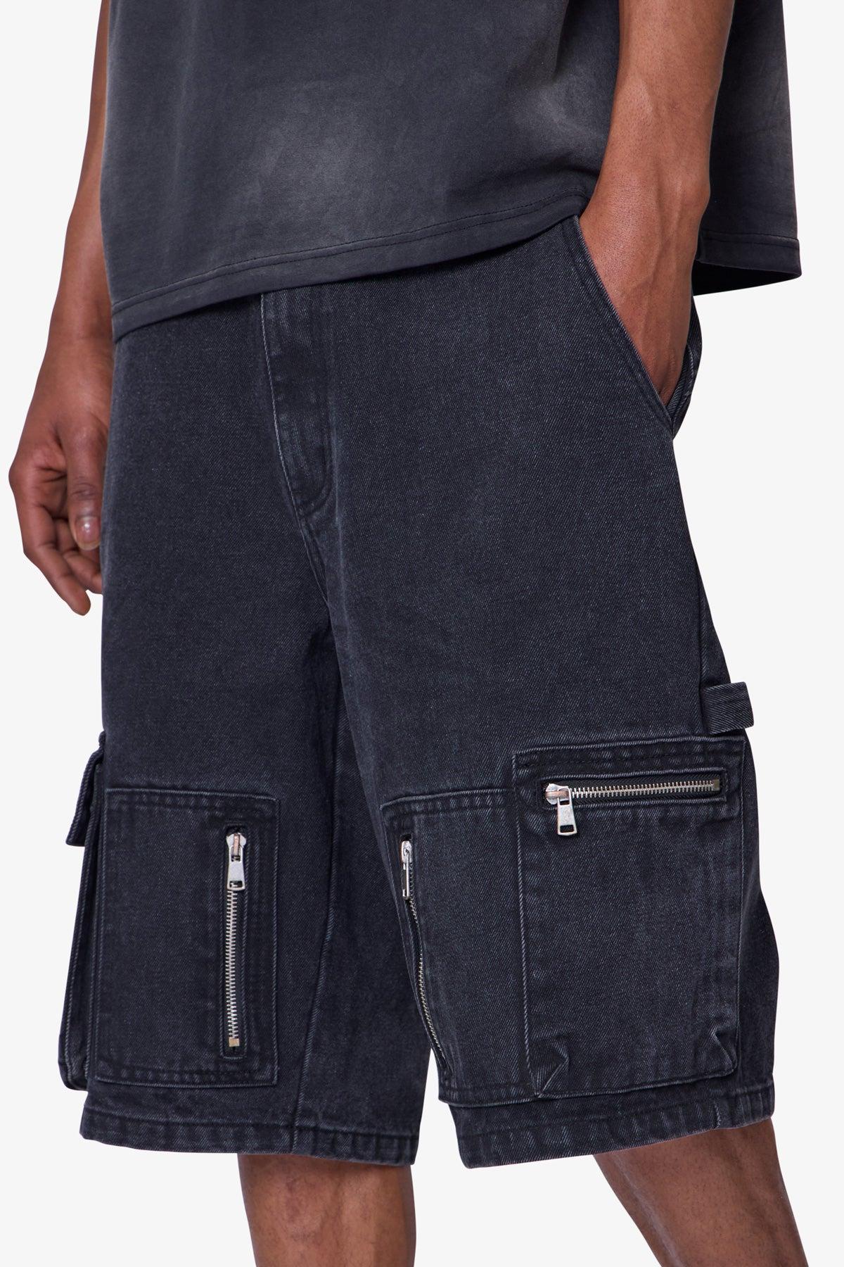 Baggy Zipper Denim Shorts - Black Product Image
