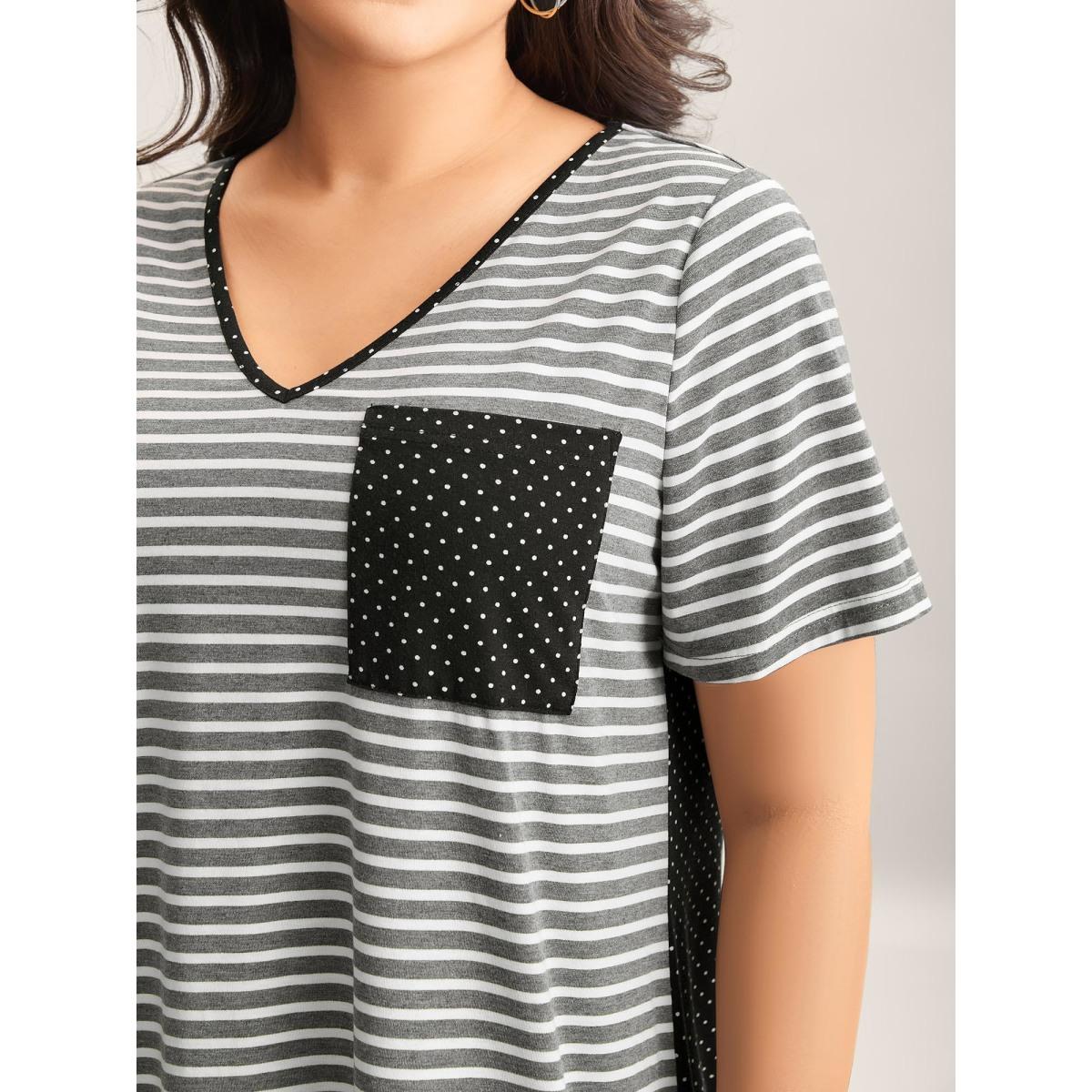 Plus Size Striped Polka Dots Print Pockets T-Shirt DimGray Women Contrast V-neck Everyday-Casual T-shirts BloomChic 22-24/3X Product Image