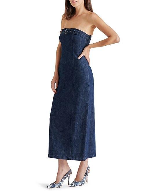 Steve Madden Prato Denim Strapless Belted Neck Sleeveless Bodycon Midi Dress Product Image