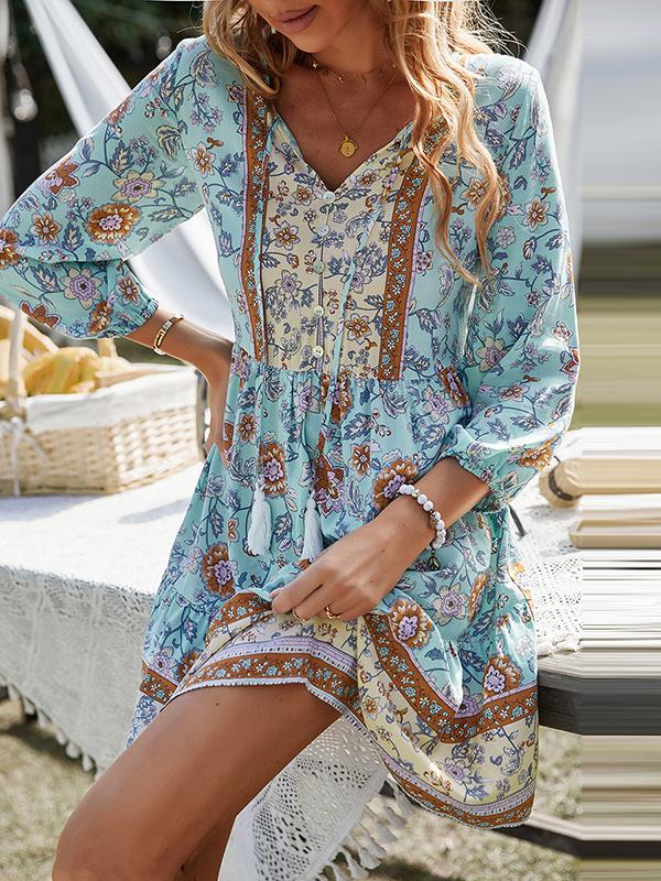 A-Line Loose Buttoned Contrast Color Flower Print Pleated V-Neck Mini Dresses Product Image