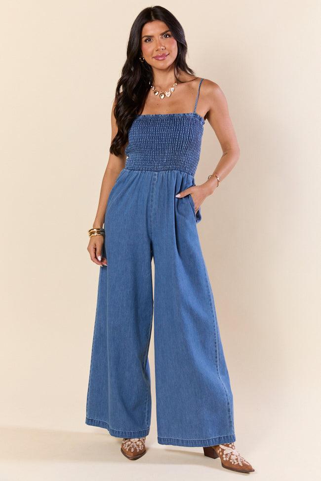 Showstopper Denim Smocked Jumpsuit FINAL SALE Product Image