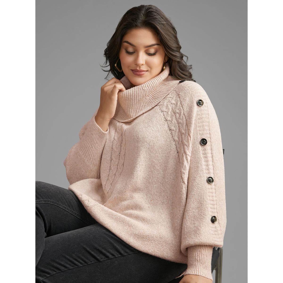 Plus Size Turtleneck Cable Knit Asymmetrical Hem Pullover Nudepink Women Casual Loose Long Sleeve Ruffled collar Everyday Pullovers BloomChic 14-16/1X Product Image