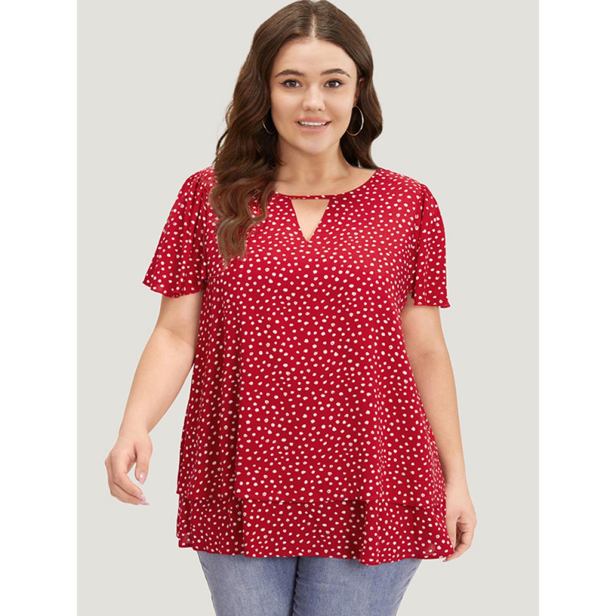 Plus Size Scarlet Polka Dot Keyhole Flutter Sleeve Layered Hem Blouse Women Elegant Short sleeve Keyhole Cut-Out Dailywear Blouses BloomChic 30/6X Product Image