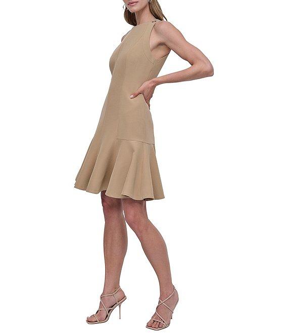 DKNY by Donna Karan Solid Crepe Crew Neck Sleeveless Flounce Hem Fit & Flare Dress Product Image