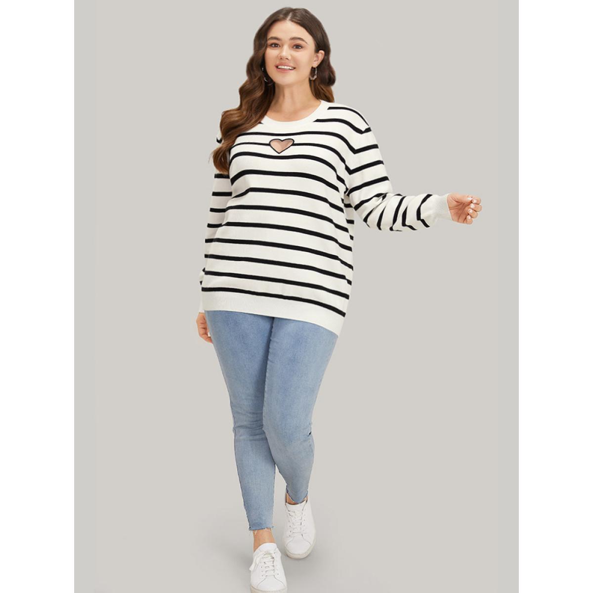 Plus Size Supersoft Essentials Striped Heart Keyhole Mesh Pullover Ivory Women Casual Loose Long Sleeve Round Neck Dailywear Pullovers BloomChic 26/4X Product Image