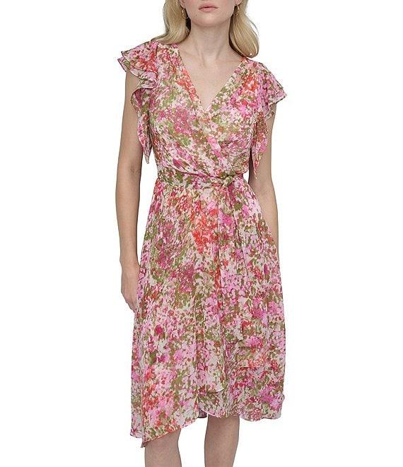 DKNY by Donna Karan Short Ruffle Sleeve Faux Wrap Midi Dress Product Image