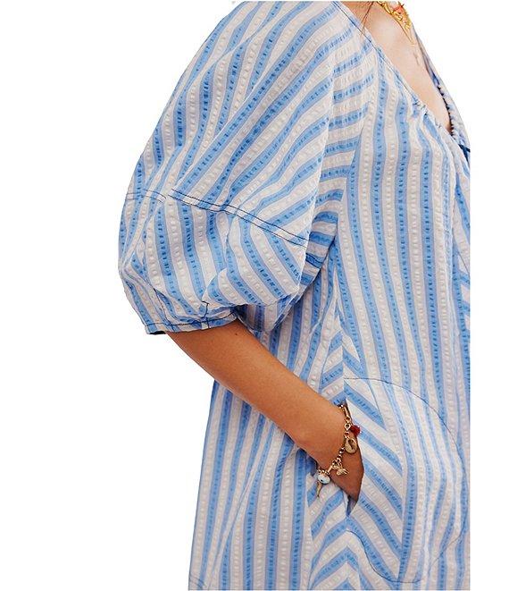 Free People Bop Around Stripe Print Scoop Neckline 3/4 Sleeve Romper Product Image