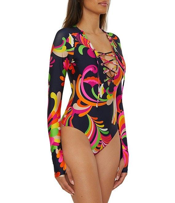 Trina Turk Poolside Swirl Long Sleeve Lace-Up Paddle One Piece Swimsuit Product Image