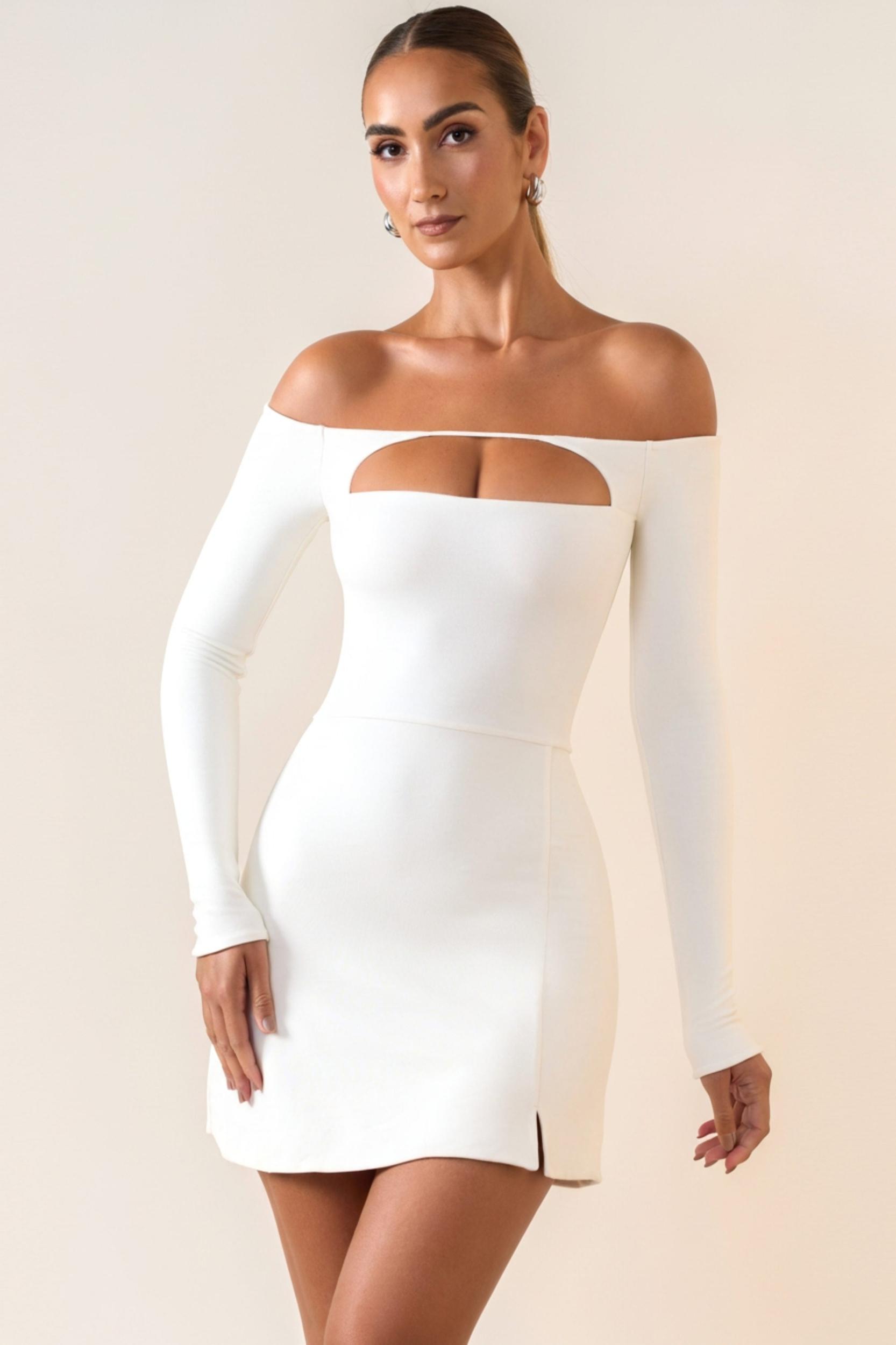 Modal Cut-Out Off-Shoulder A-Line Mini Dress in White Product Image