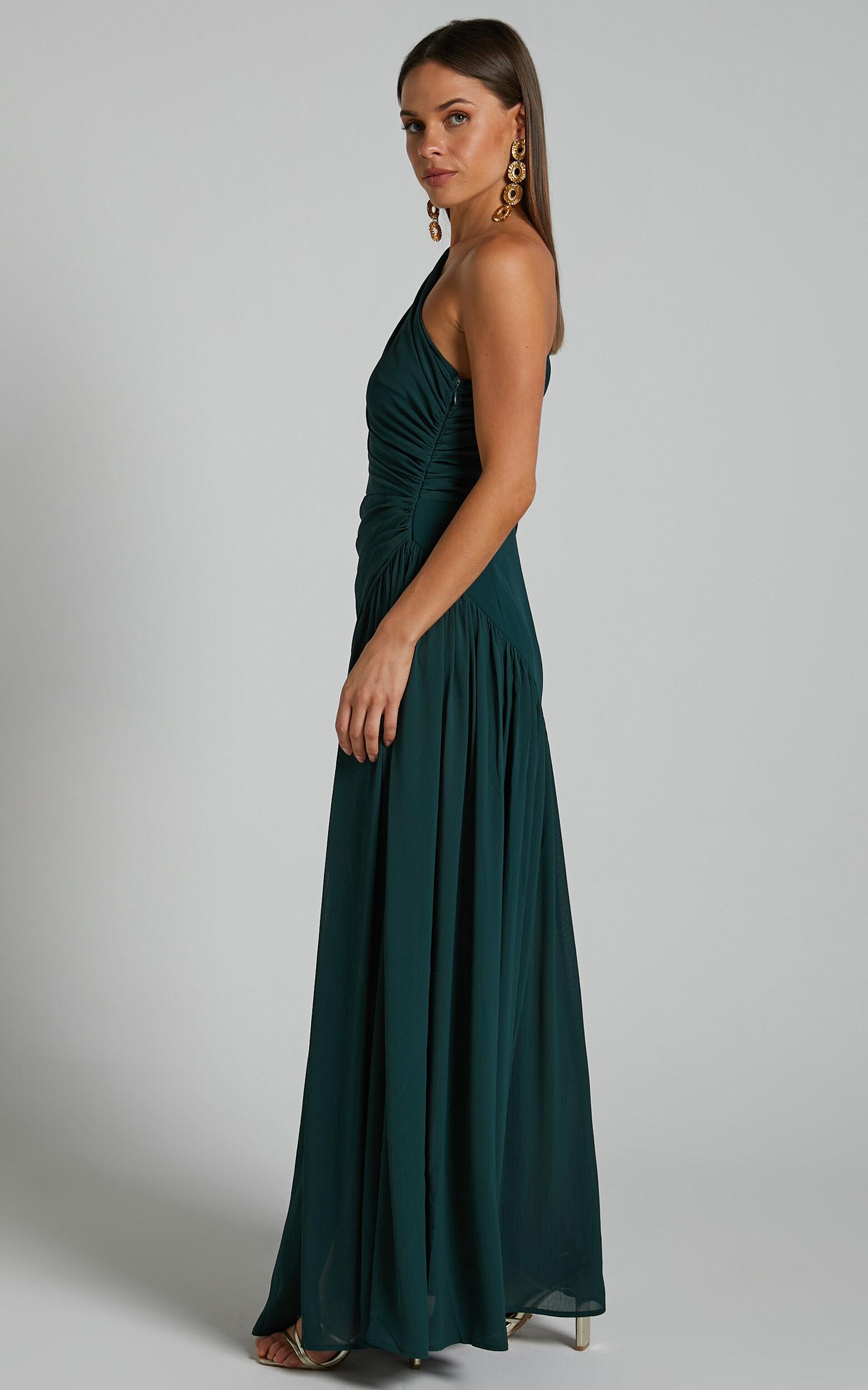 Grittah Midi Dress - One Shoulder Bishop Sleeve High Split Ruched Dress in Emerald Product Image