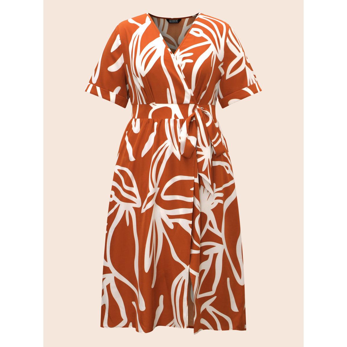 Plus Size Graffiti Overlap Collar Shirred Midi Dress Coral Women At the Office Overlapping Overlap Collar Short sleeve Curvy BloomChic 26/4X Product Image