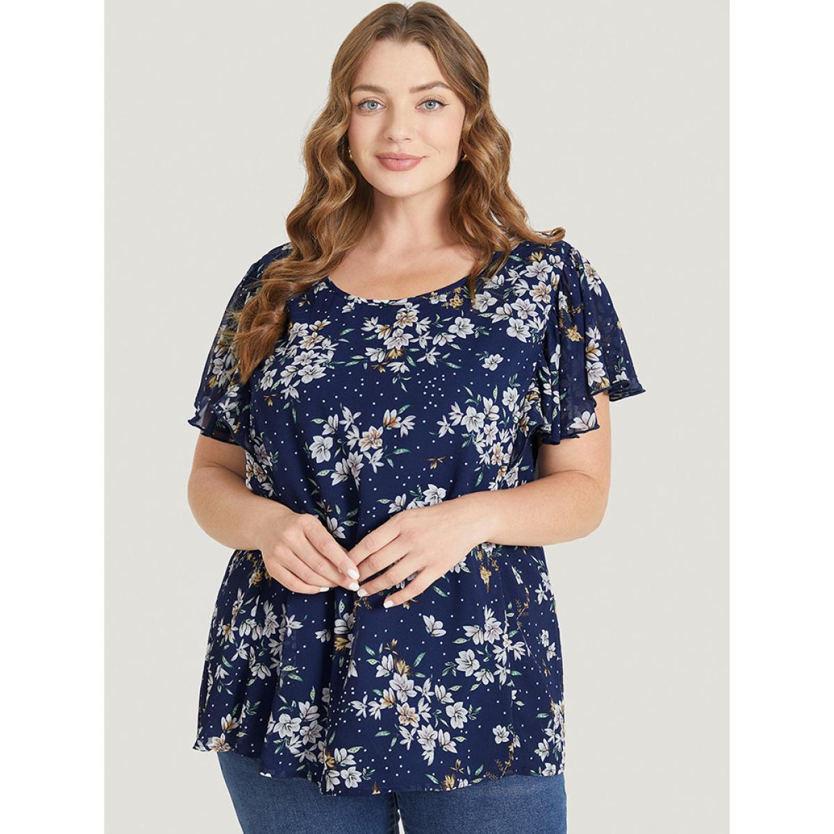 Plus Size Indigo Floral Printed Ruffle Sleeve Round Neck Blouse Women Elegant Short sleeve Round Neck Dailywear Blouses BloomChic 26/4X Product Image