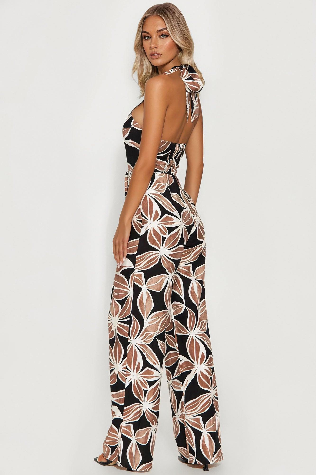 Angelica Linen Halter Jumpsuit - Black/combo Female Product Image