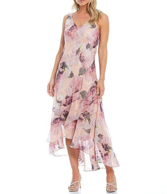 R & M Richards Floral Print Chiffon Bolero 3/4 Sleeve Asymmetrical Ruffle Hem 2-Piece Jacket Dress Product Image