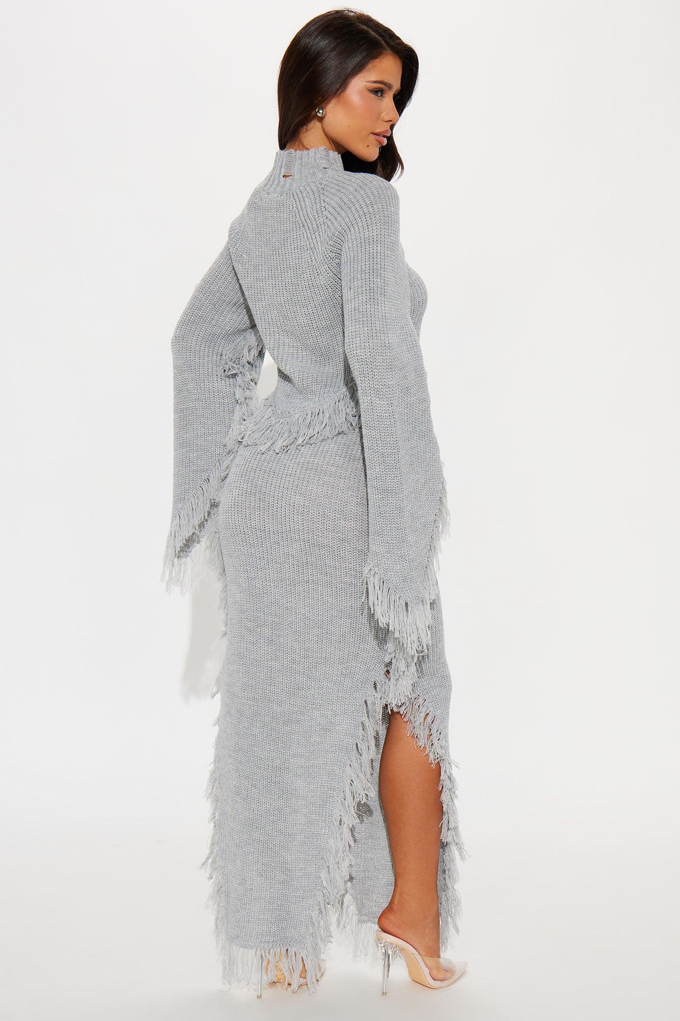Sienna Fringe Trim Sweater Skirt Set - Grey Product Image