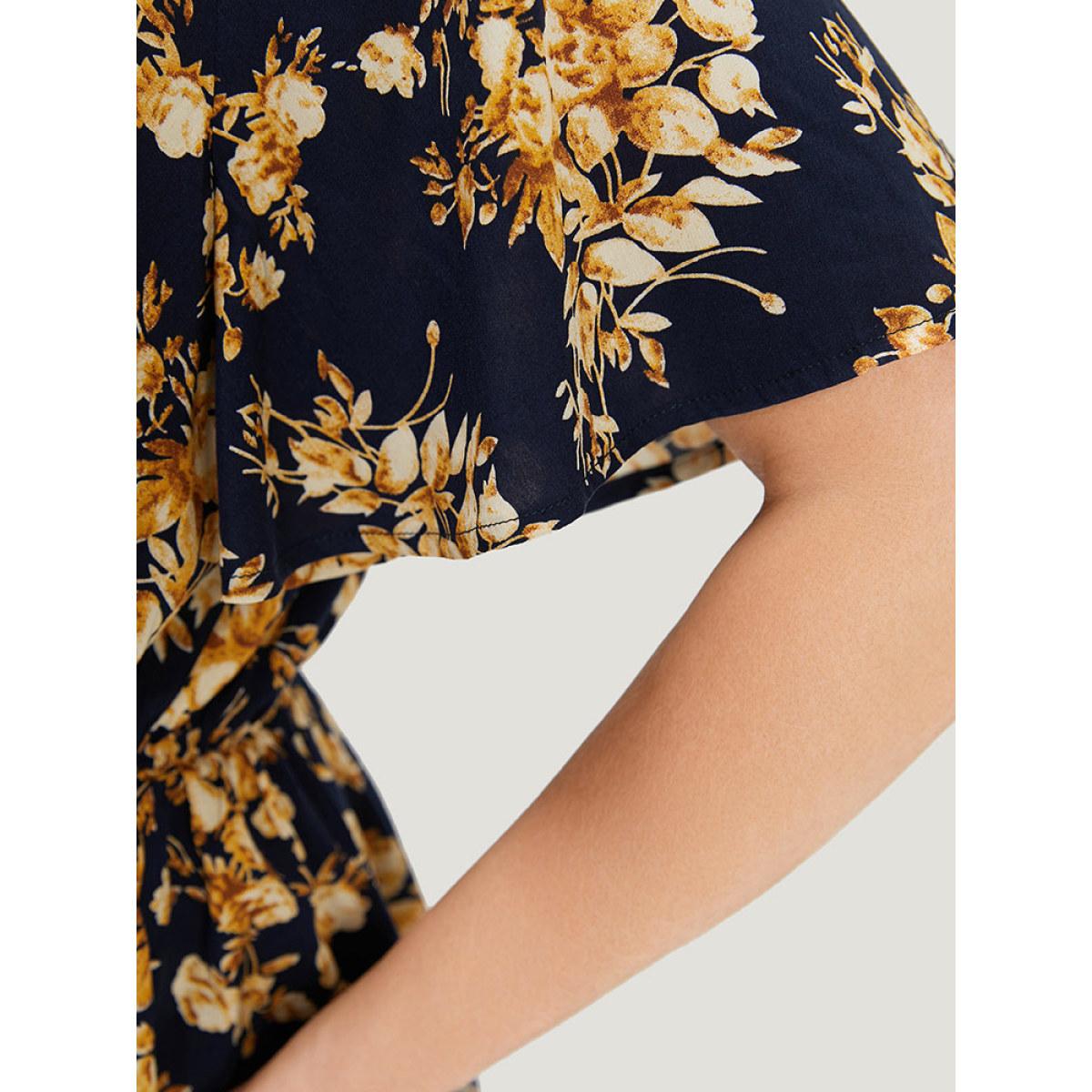 Plus Size Indigo Floral Print Flutter Sleeve Elastic Waist Blouse Women Elegant Short sleeve Round Neck Dailywear Blouses BloomChic 12/L Product Image