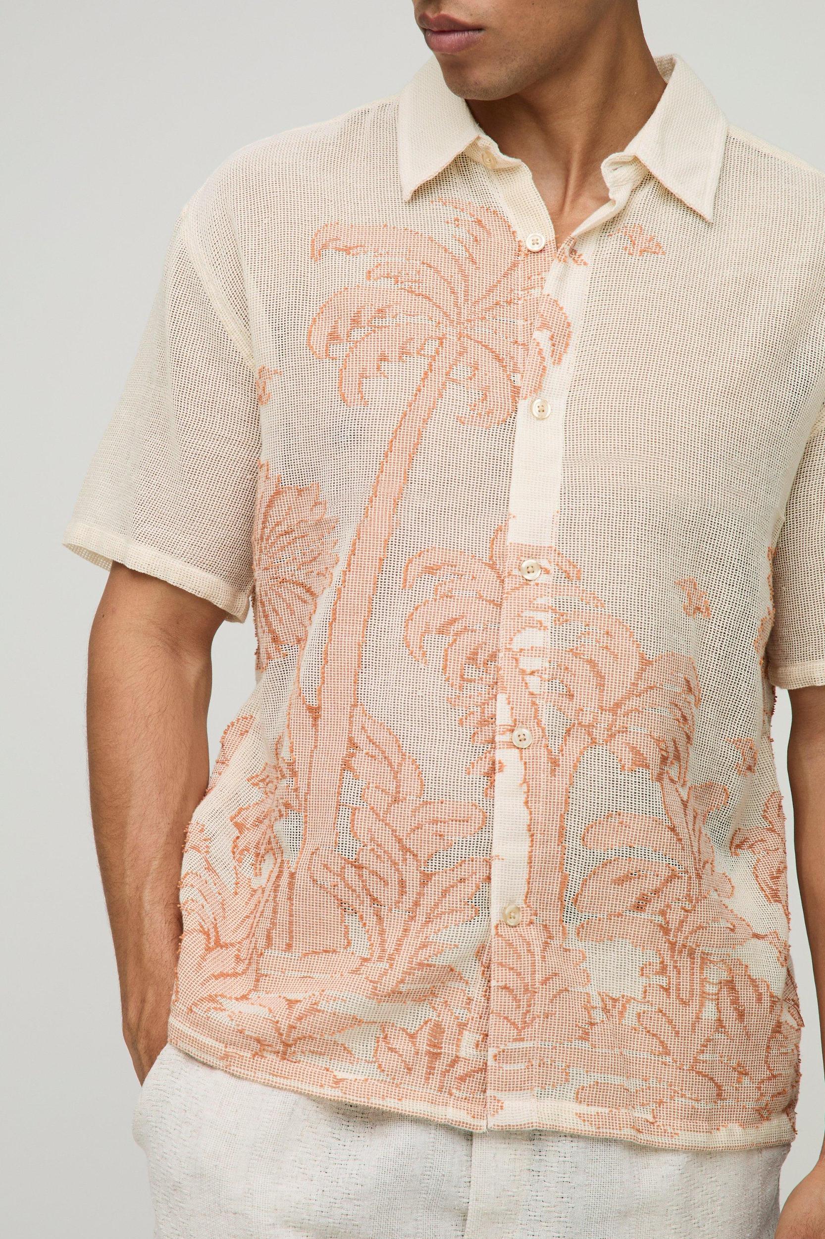 Oversized Open Weave Palm Tree Jacquard Shirt | boohooMAN USA Product Image