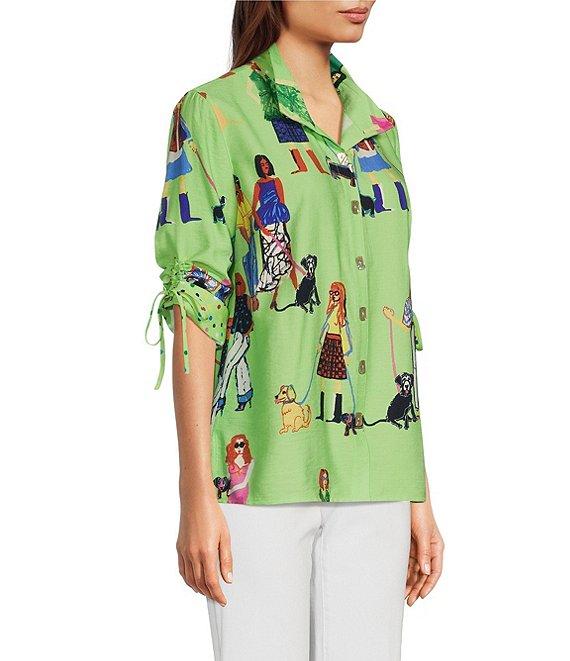 John Mark Novelty Dog Print Wire Collar Cinch Tie Sleeve Button Front Blouse Product Image